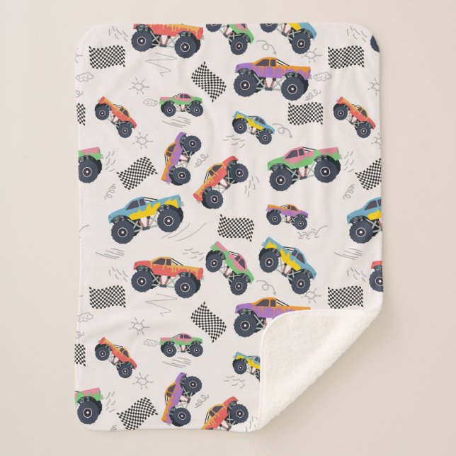Colorful Monster Trucks Racing Pattern Sherpa Blanket (Front)