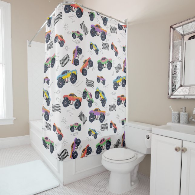 Colorful Monster Trucks Racing Pattern Shower Curtain (In Situ)