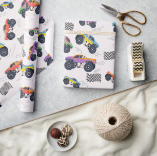 Colorful Monster Trucks Racing Pattern Wrapping Paper