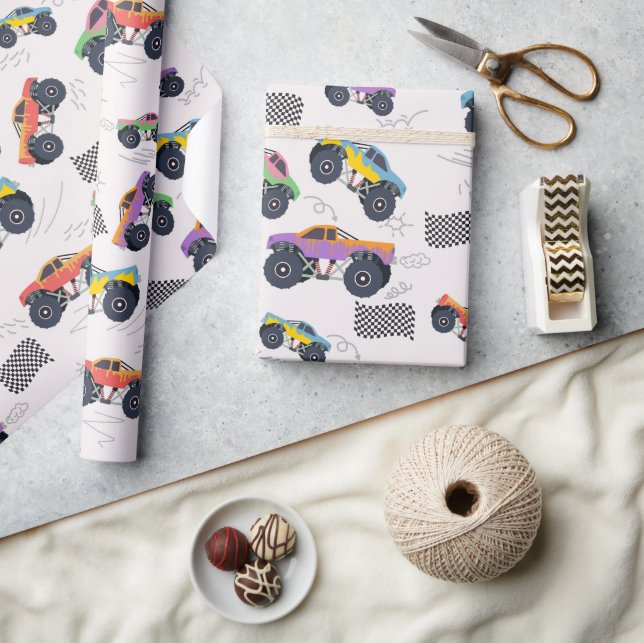 Colorful Monster Trucks Racing Pattern Wrapping Paper (Crafts)