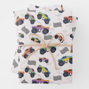 Colorful Monster Trucks Racing Pattern Wrapping Paper Sheets