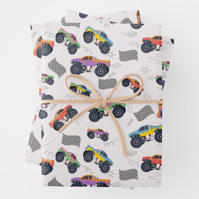 Colorful Monster Trucks Racing Pattern Wrapping Paper Sheets (In situ)