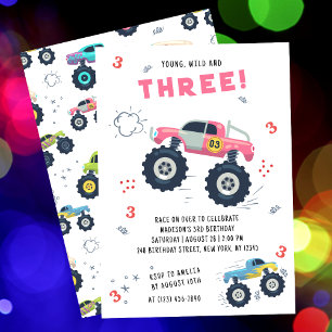 Colorful Monster Trucks Third Birthday Party Invitation