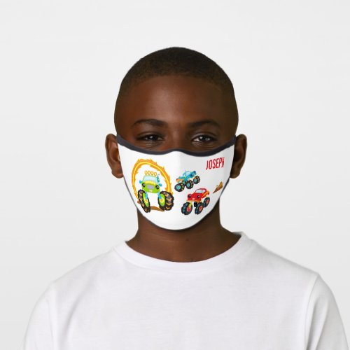 Colorful Monster Trucks with First Name Kids Premium Face Mask