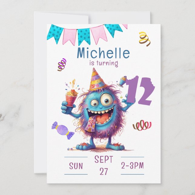 Colorful Monster Twelve Year Birthday Invitation (Front)