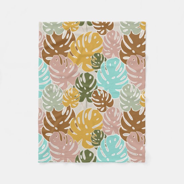 Colorful monstera jungle fleece blanket (Front)