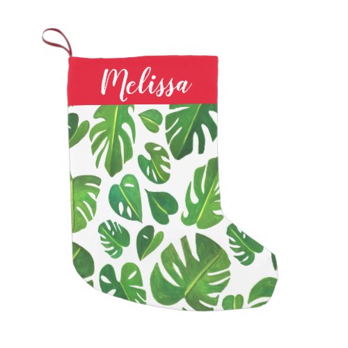 Colorful Monstera Leafy Pattern Watercolor CUSTOM Small Christmas Stocking