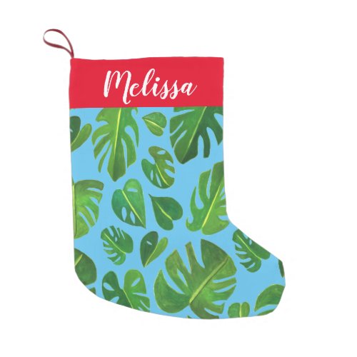 Colorful Monstera Leafy Pattern Watercolor CUSTOM Small Christmas Stocking