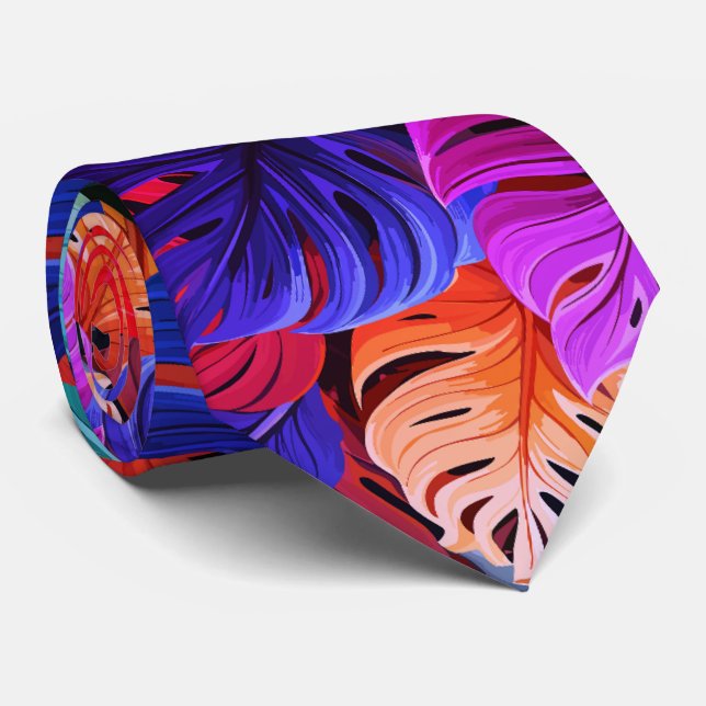 Colorful Monsterra Tropical Hawaiian pattern Neck Tie (Rolled)