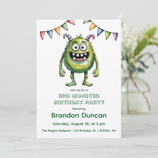 Colorful Monsters 3rd. Birthday Party Gift Invitation (Standing Front)