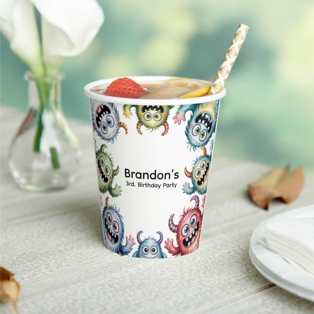 Colorful Monsters 3rd. Birthday Party Paper Cups (Insitu)