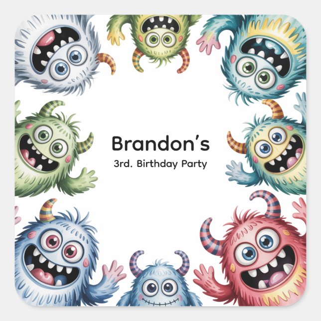 Colorful Monsters 3rd. Birthday Party Square Sticker (Front)