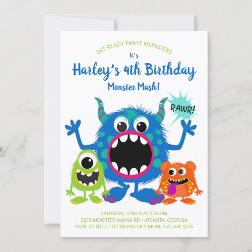 Colorful Monsters Birthday Party Invitation