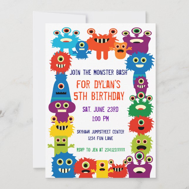 Colorful Monsters Birthday Party Invitations (Front)
