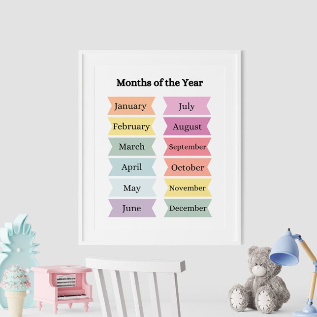 Colorful Months of the Year Educational Poster (Colorful Months of the Year Educational Poster on the wall in white frame.)