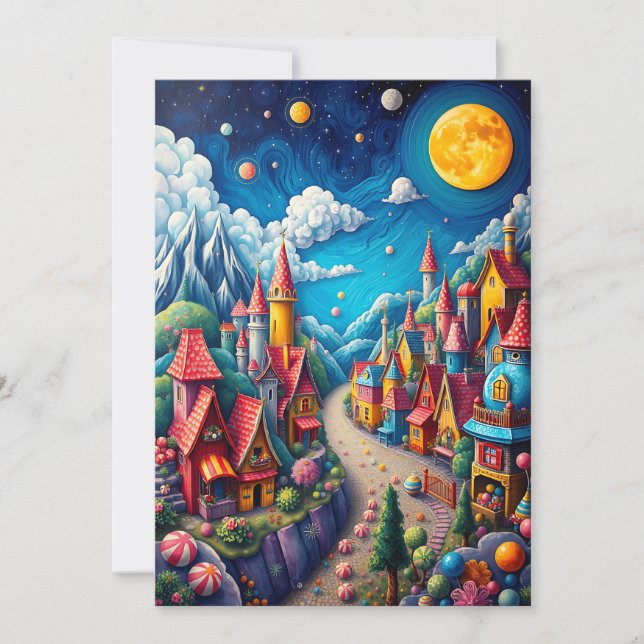 Colorful Moonlit Candy Land & Magical Village Card (Front)