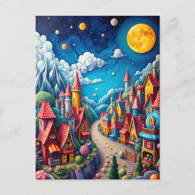 Colorful Moonlit Candy Land & Magical Village Postcard (Front)