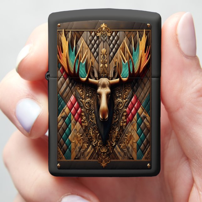 Colorful Moose Leather Wildlife Painting Zippo Lighter (In Hand)