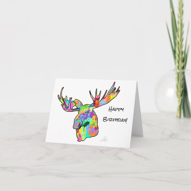Colorful Moose Pop Art Painting Birthday Card (Front)