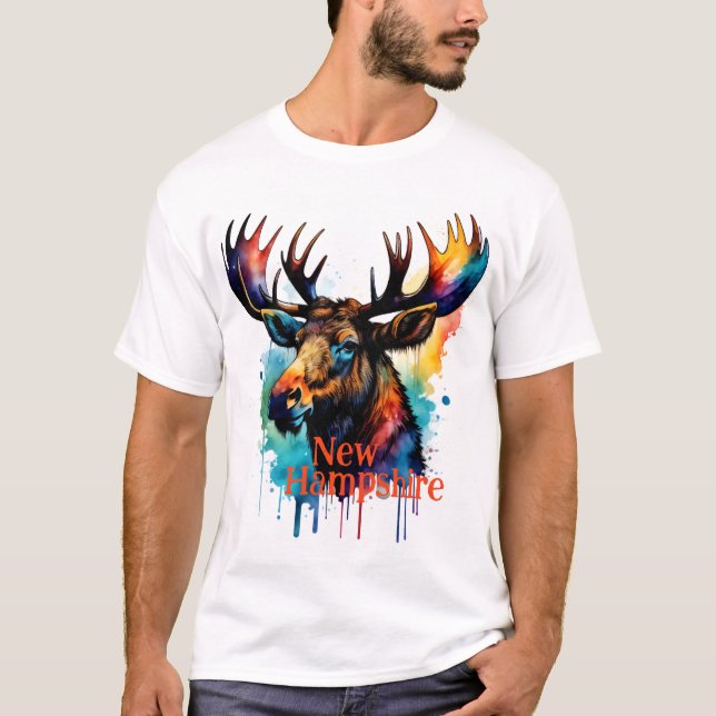 Colorful Moose Watercolor New Hampshire T-Shirt (Front)