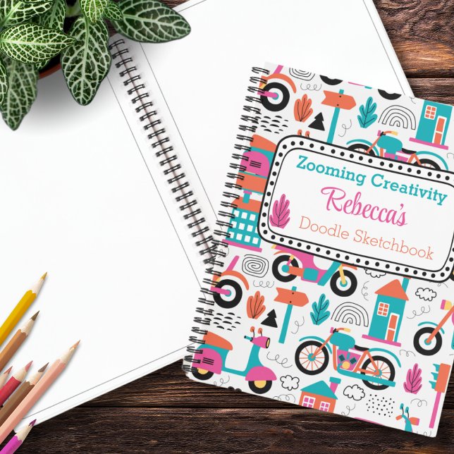 Colorful Moped Doodle Pattern Personalized Sketch Notebook (Fuel artistic adventures with our vibrant colored Moped Doodle Pattern Sketchbook. Customize today!)