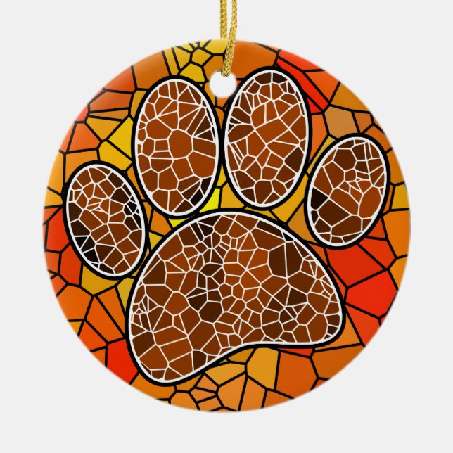 Colorful Mosaic Art Dog Paw Print Ceramic Ornament (Front)