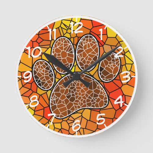 Colorful Mosaic Art Dog Paw Print Round Clock