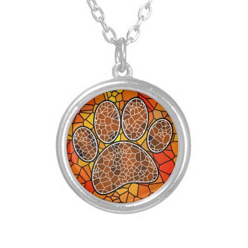 Colorful Mosaic Art Dog Paw Print  Silver Plated Necklace