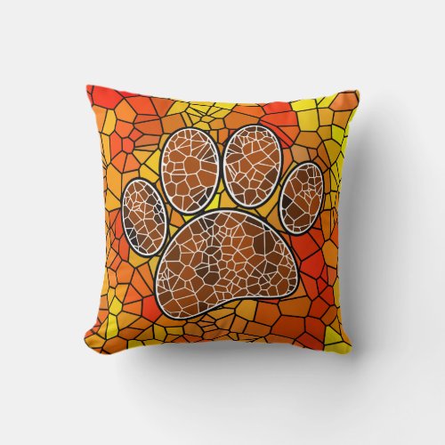 Colorful Mosaic Art Dog Paw Print Throw Pillow