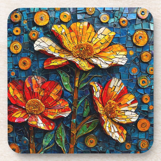 Colorful Mosaic Artwork of Vibrant Flowers Beverage Coaster (Front)