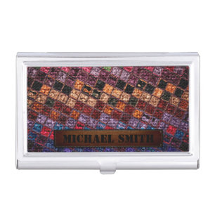 Colorful Mosaic Burlap Elegant Leather Look #16 Business Card Holder