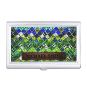 Colorful Mosaic Burlap Elegant Leather Look #8 Business Card Holder