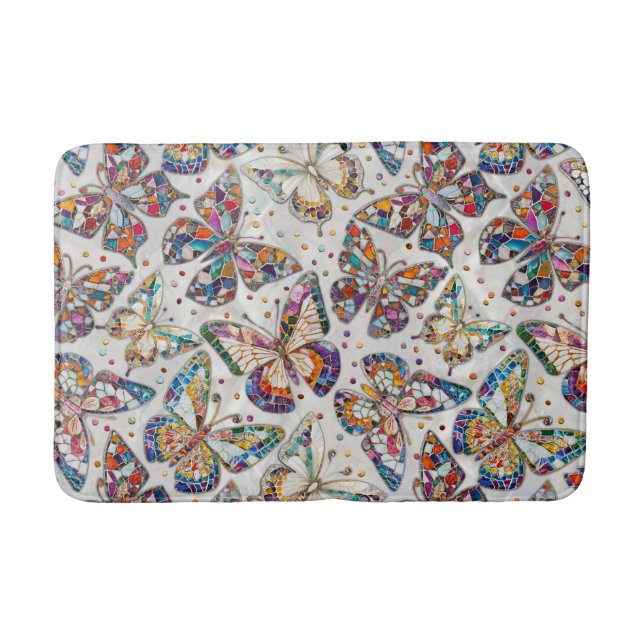 Colorful Mosaic Butterfly pattern on pearl Bath Mat (Front)
