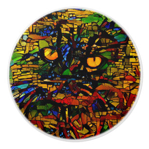 Colorful Mosaic Cat Art Prin Ceramic Knob