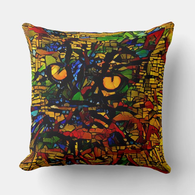 Colorful Mosaic Cat Art Prin Throw Pillow (Front)