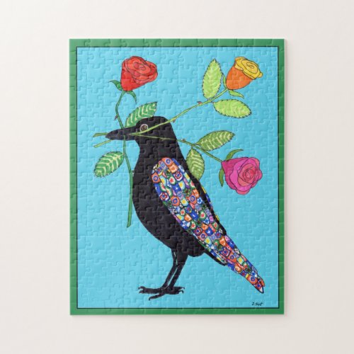 Colorful Mosaic Crow Raven Bird Roses Unique Boho Jigsaw Puzzle