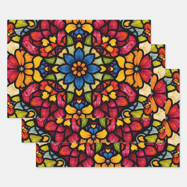 Colorful Mosaic Flower Pattern Abstract  Wrapping Paper Sheets (Set)