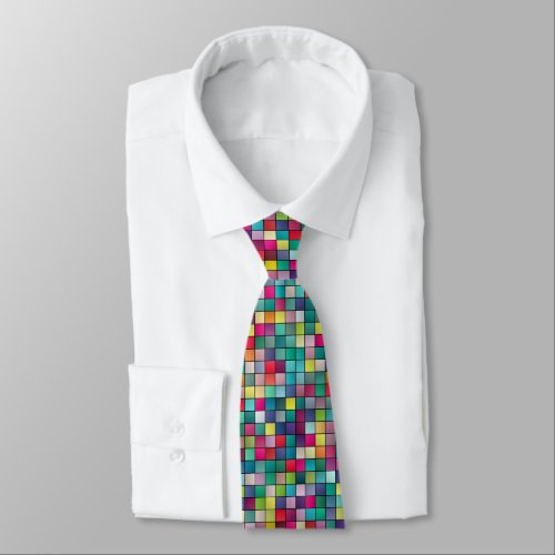 Colorful mosaic geometric squares neck tie