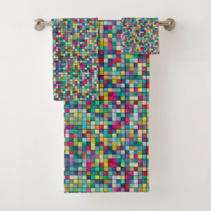 Colorful mosaic, geometric squares pattern bath towel set