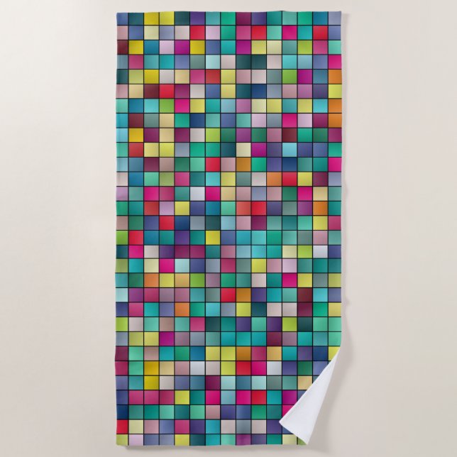 Colorful mosaic, geometric squares pattern beach towel (Front)