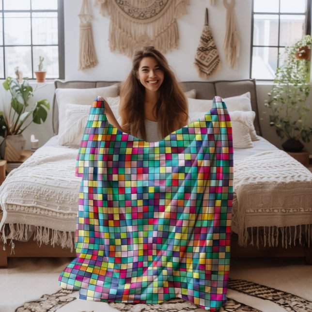 Colorful mosaic, geometric squares pattern fleece blanket (Creator Uploaded)