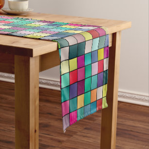 Colorful mosaic, geometric squares pattern short table runner