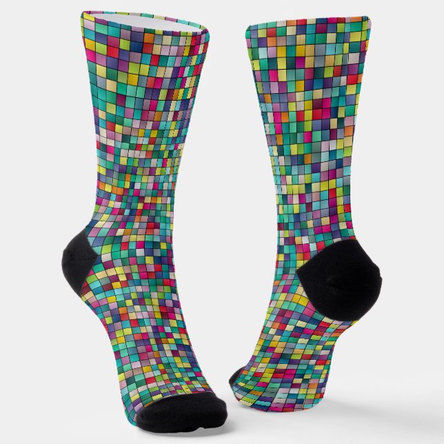 Colorful mosaic, geometric squares pattern socks (Angled)