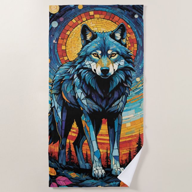 Colorful Mosaic Illustration of Majestic Wolf Beach Towel (Front)