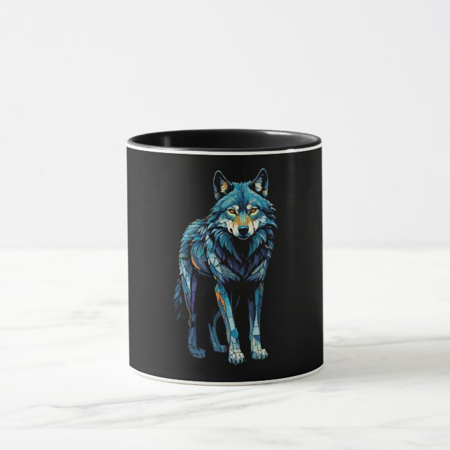 Colorful Mosaic Illustration of Majestic Wolf Mug (Center)
