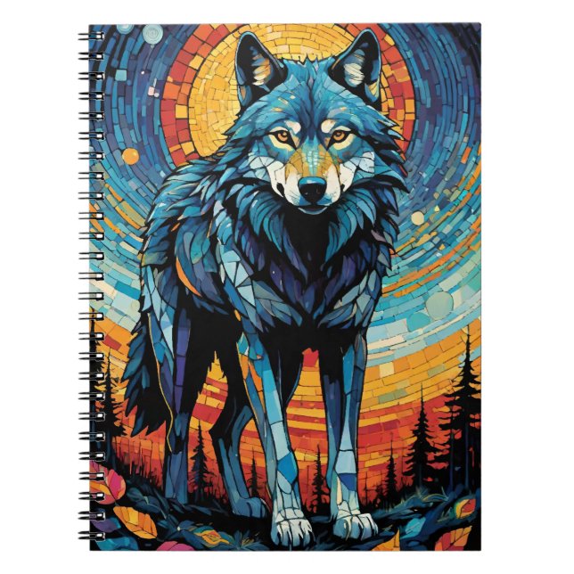 Colorful Mosaic Illustration of Majestic Wolf Notebook (Front)
