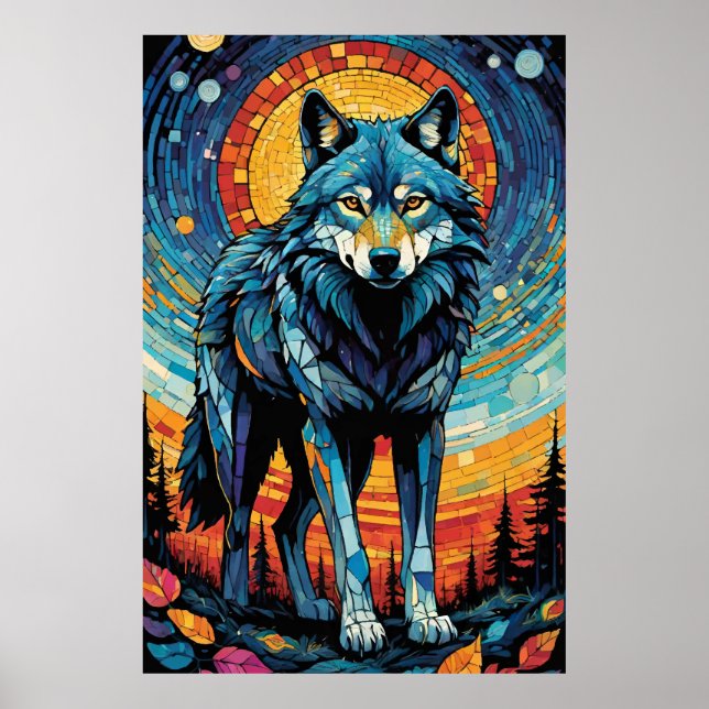 Colorful Mosaic Illustration of Majestic Wolf Poster (Front)