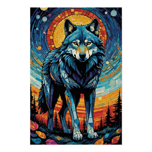 Colorful Mosaic Illustration of Majestic Wolf Poster (Front)