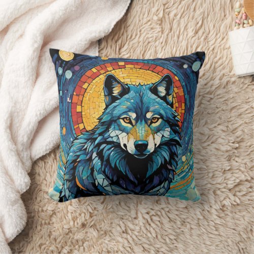 Colorful Mosaic Illustration of Majestic Wolf Throw Pillow