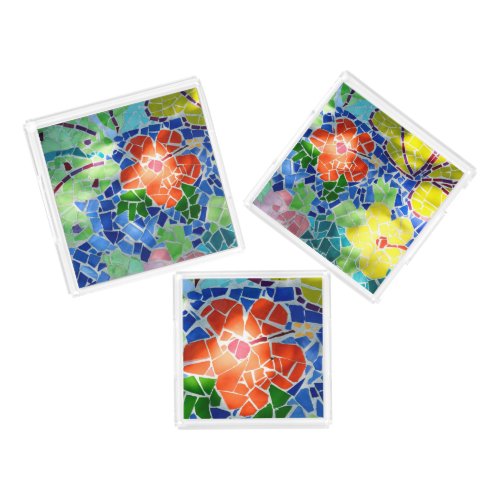 Colorful Mosaic Koi Pond with Red Flower Acrylic Tray